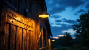 A photograph of a beautifully designed gooseneck barn light illuminating a rustic barn setting at dusk