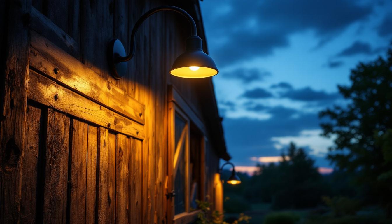 A photograph of a beautifully designed gooseneck barn light illuminating a rustic barn setting at dusk