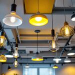 A photograph of a beautifully designed drop ceiling featuring a variety of stylish lighting fixtures