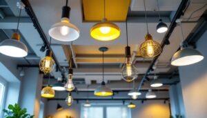 A photograph of a beautifully designed drop ceiling featuring a variety of stylish lighting fixtures