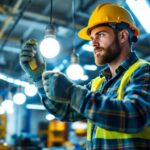 A photograph of a lighting contractor in action