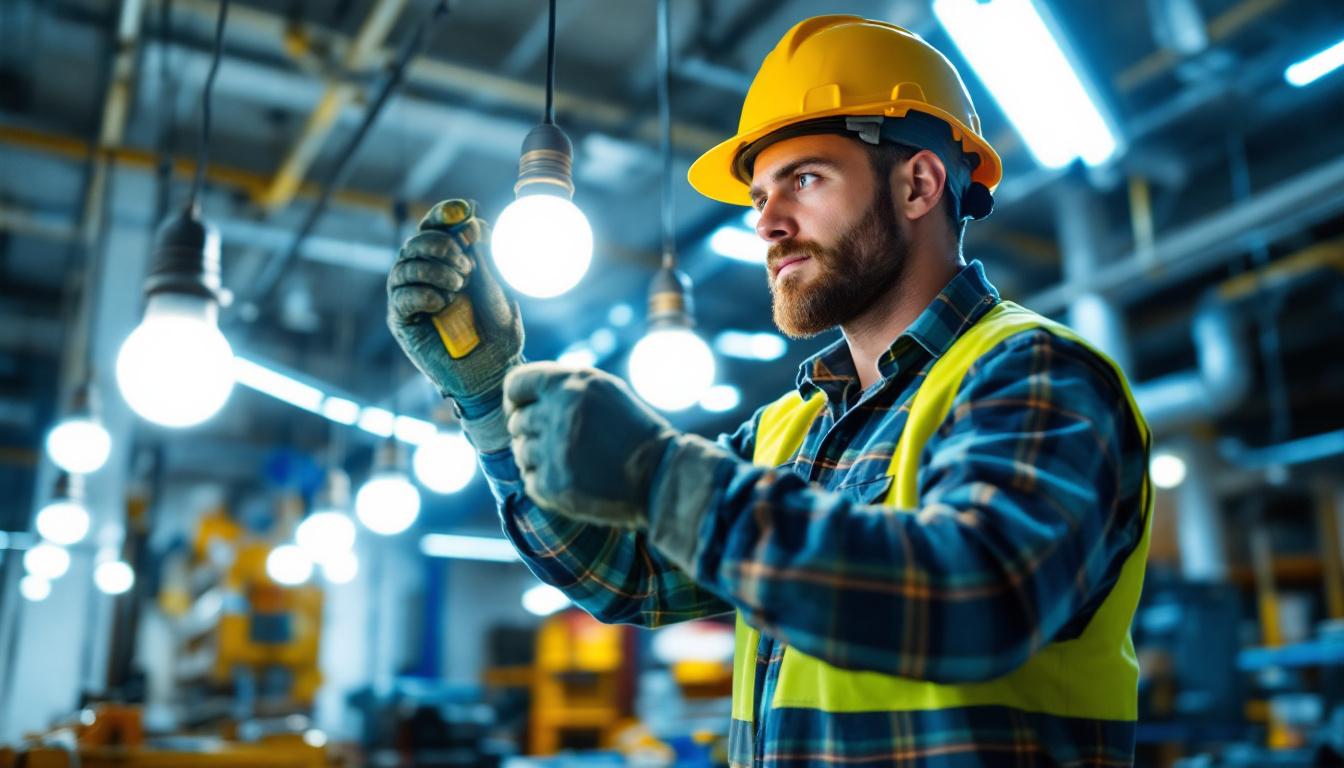A photograph of a lighting contractor in action