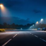 A photograph of a well-lit parking lot at dusk