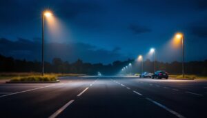 A photograph of a well-lit parking lot at dusk