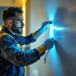 A photograph of a skilled lighting contractor installing magnetic led strips in a modern interior setting