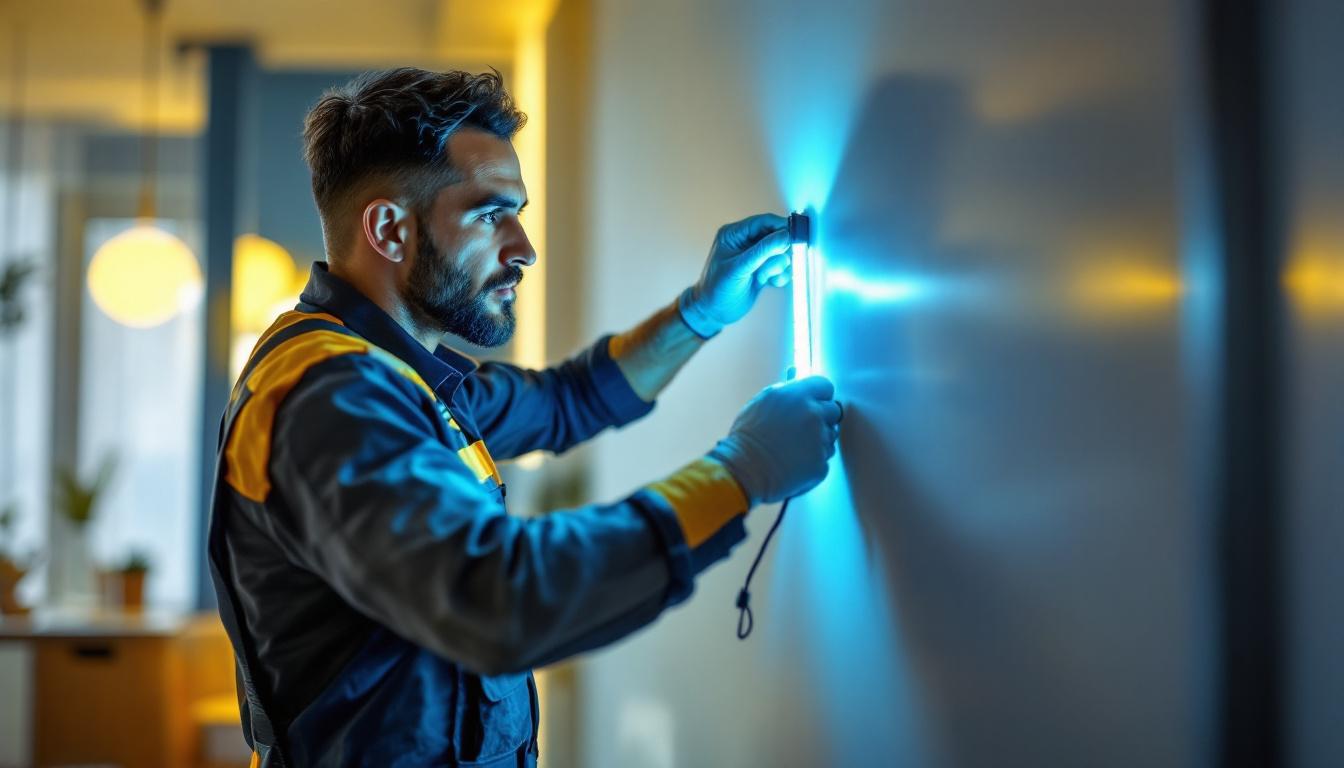 A photograph of a skilled lighting contractor installing magnetic led strips in a modern interior setting