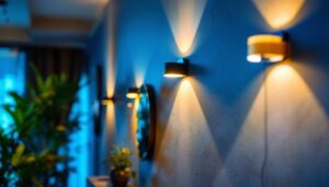 A photograph of a modern indoor space featuring stylish led wall lamps