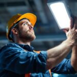 A photograph of a lighting contractor installing a 2-foot led light in a commercial setting