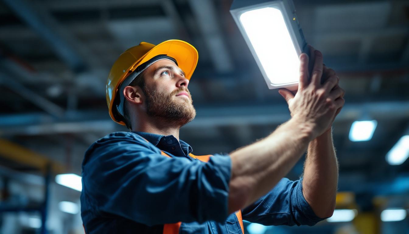 A photograph of a lighting contractor installing a 2-foot led light in a commercial setting