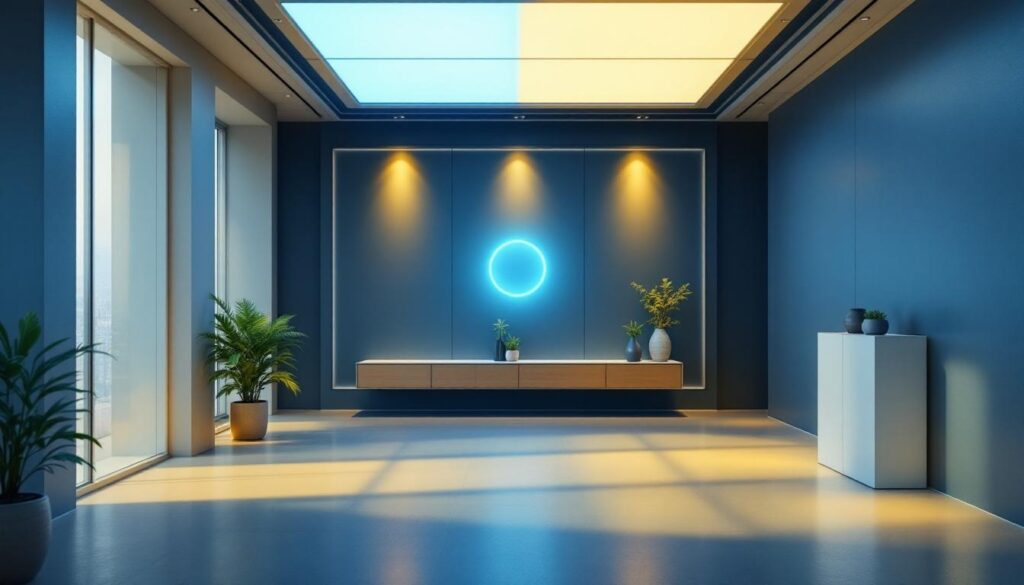 A photograph of a modern lighting installation in a well-designed space