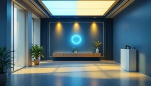 A photograph of a modern lighting installation in a well-designed space