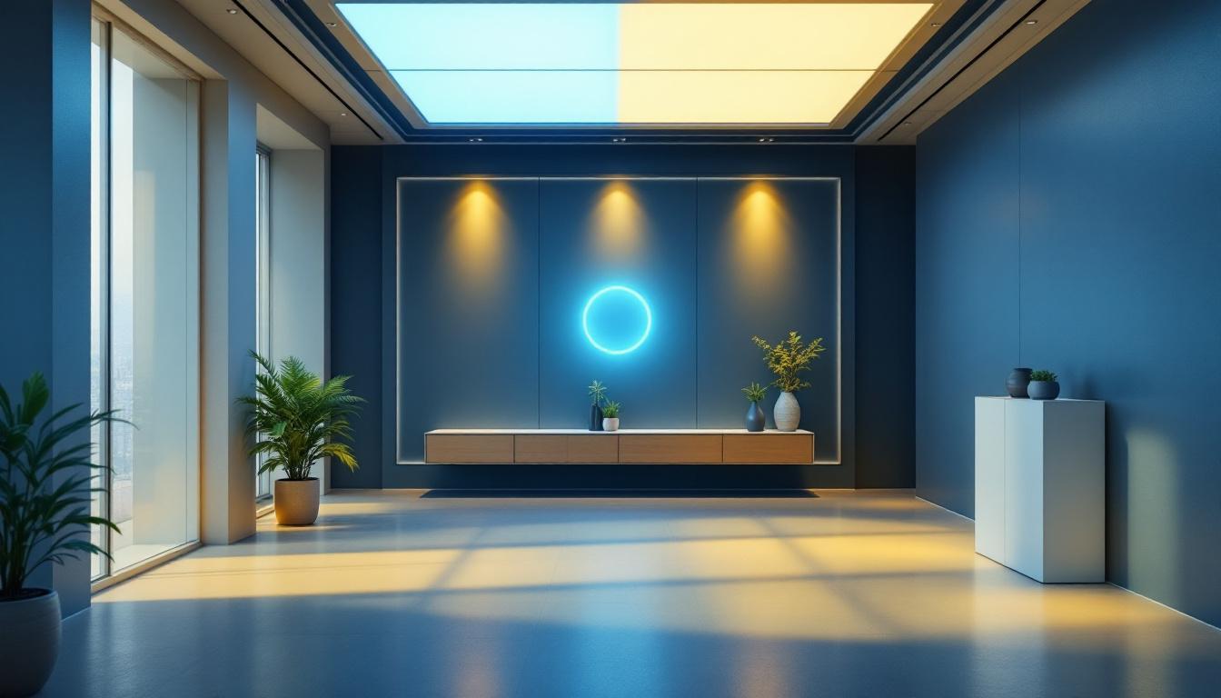 A photograph of a modern lighting installation in a well-designed space