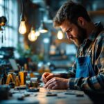 A photograph of a skilled lighting contractor at work in a well-lit