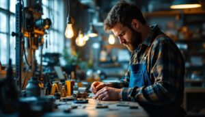 A photograph of a skilled lighting contractor at work in a well-lit