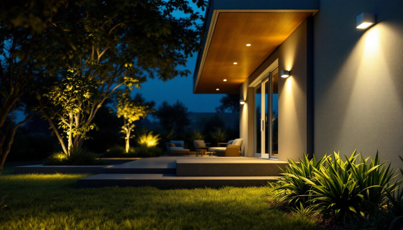 A photograph of a modern outdoor space illuminated by sleek