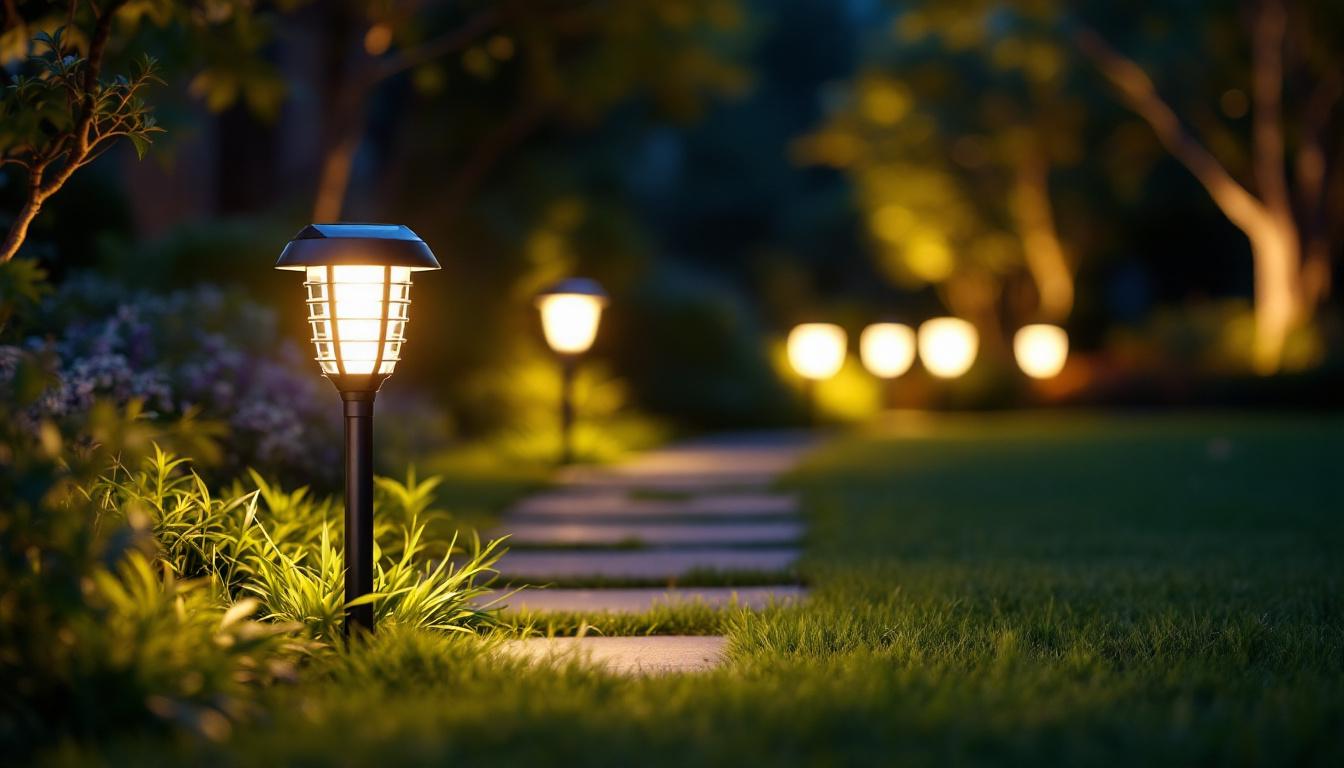 A photograph of a well-lit outdoor landscape featuring an array of stylish led solar landscape lights illuminating a garden pathway
