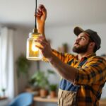 A photograph of a lighting contractor expertly installing a jelly jar fixture in a stylish residential setting