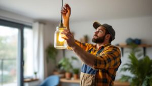 A photograph of a lighting contractor expertly installing a jelly jar fixture in a stylish residential setting