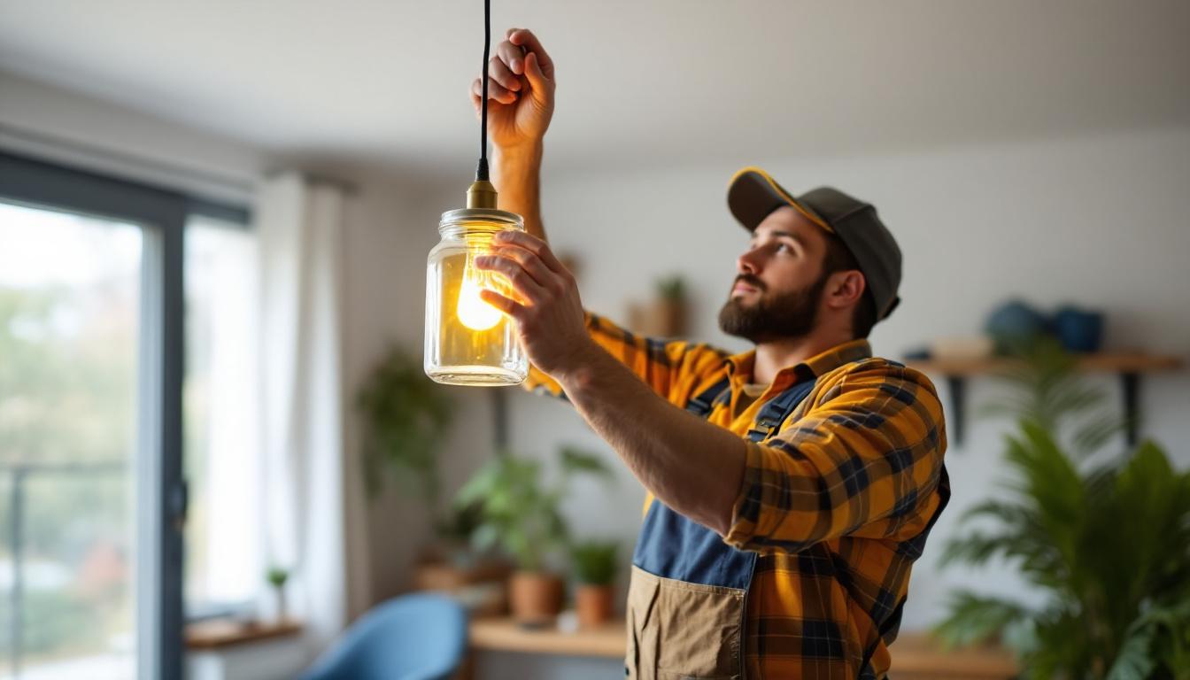 A photograph of a lighting contractor expertly installing a jelly jar fixture in a stylish residential setting