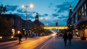 A photograph of a vibrant urban street scene illuminated by led street lights at dusk