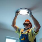 A photograph of a skilled lighting contractor expertly replacing a recessed can light in a modern ceiling