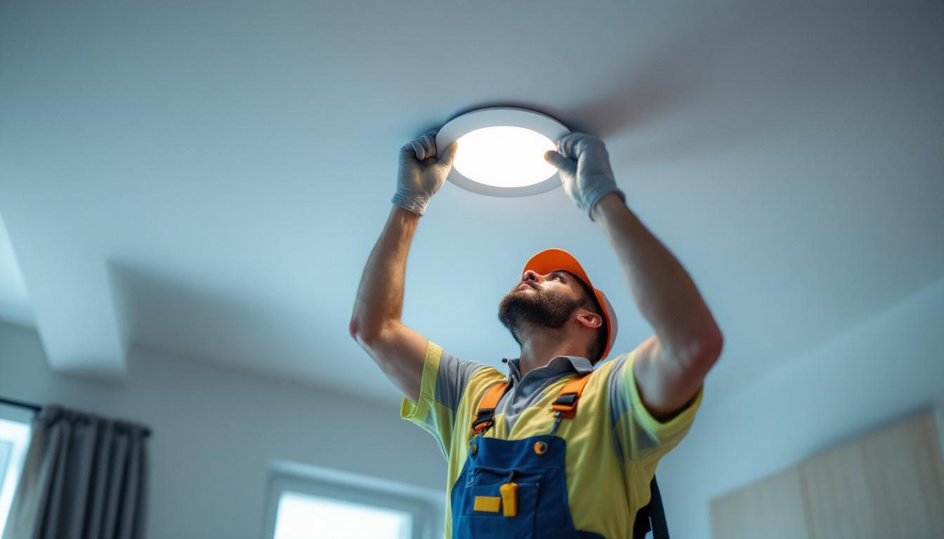 A photograph of a skilled lighting contractor expertly replacing a recessed can light in a modern ceiling