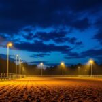 A photograph of a well-lit equestrian arena at dusk