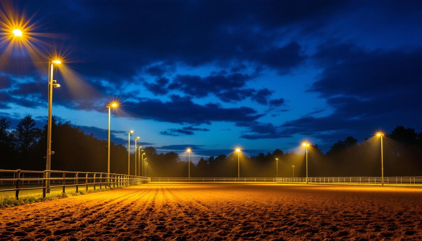 A photograph of a well-lit equestrian arena at dusk