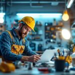 A photograph of a lighting contractor working in a modern workspace