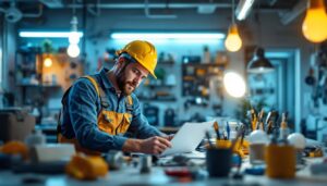 A photograph of a lighting contractor working in a modern workspace