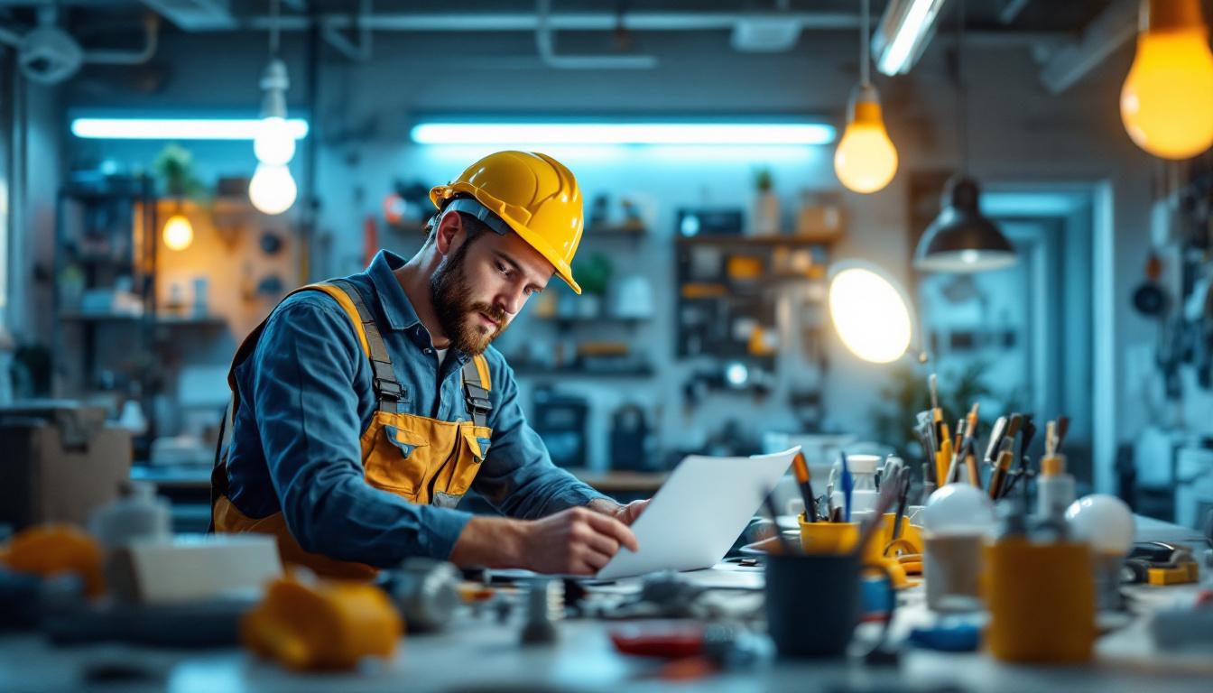 A photograph of a lighting contractor working in a modern workspace