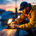 A photograph of a lighting contractor installing or adjusting a dock light led in an outdoor setting
