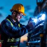 A photograph of a lighting contractor installing american-made led headlights on a work vehicle at dusk