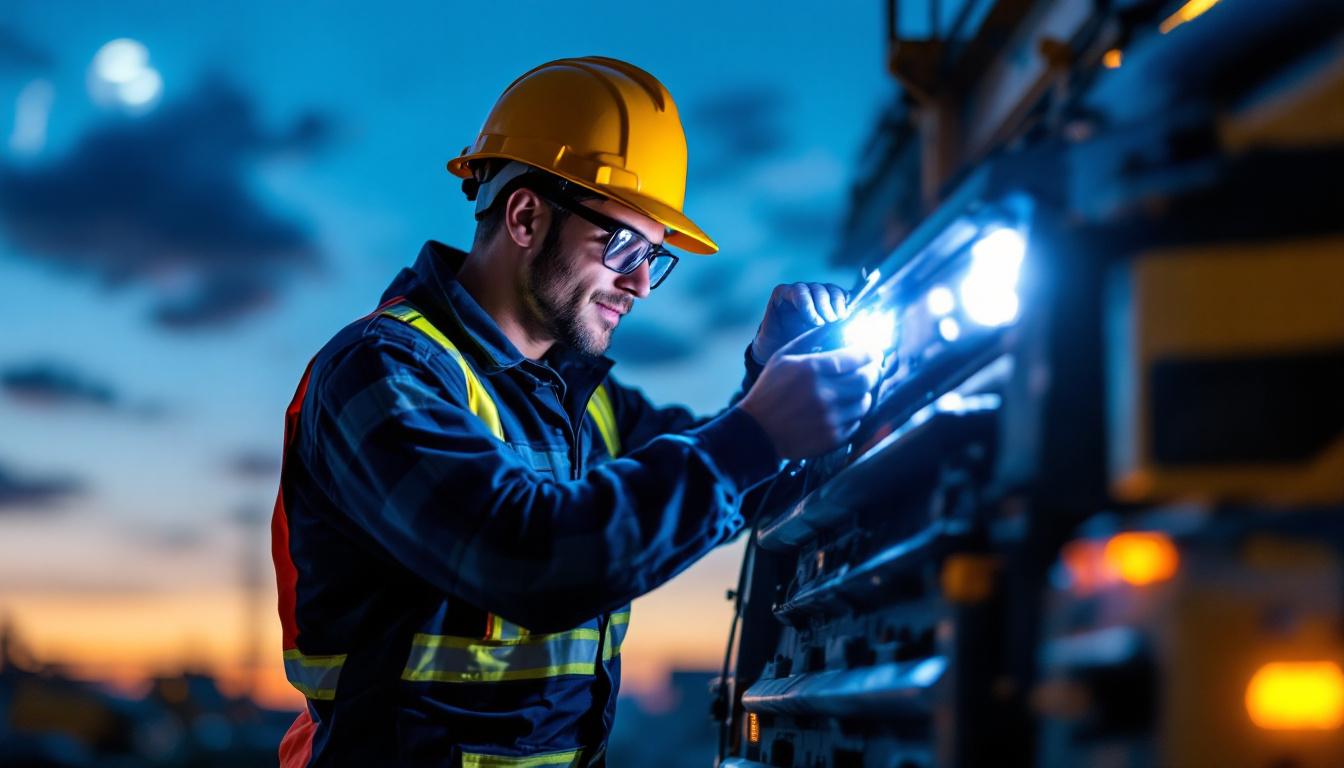 A photograph of a lighting contractor installing american-made led headlights on a work vehicle at dusk