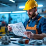 A photograph of a skilled lighting contractor examining a detailed fluro light wiring diagram