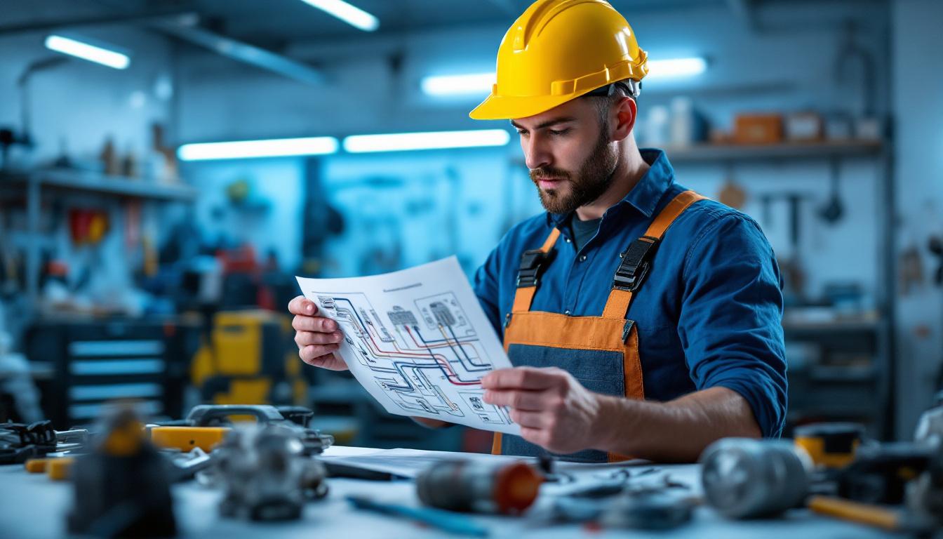 A photograph of a skilled lighting contractor examining a detailed fluro light wiring diagram
