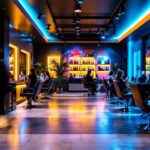 A photograph of a stylish hair salon interior featuring vibrant led lighting that highlights the salon's modern design