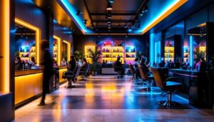 A photograph of a stylish hair salon interior featuring vibrant led lighting that highlights the salon's modern design