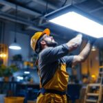 A photograph of a skilled lighting contractor installing a 4ft led light fixture in a modern workspace