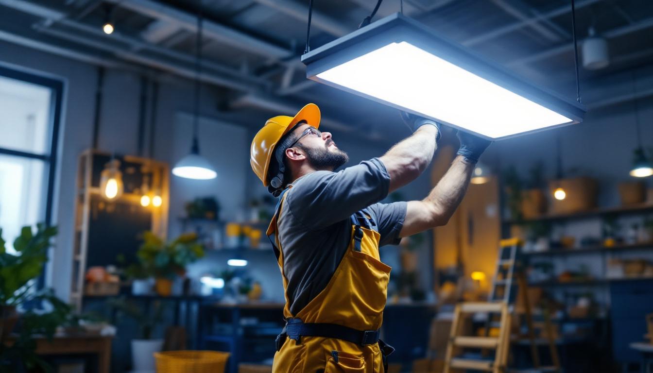 A photograph of a skilled lighting contractor installing a 4ft led light fixture in a modern workspace