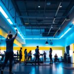 A photograph of a well-lit gym interior showcasing various led lighting installations