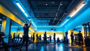 A photograph of a well-lit gym interior showcasing various led lighting installations