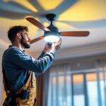 A photograph of a skilled lighting contractor installing a stylish ceiling fan in a modern living space