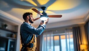 A photograph of a skilled lighting contractor installing a stylish ceiling fan in a modern living space