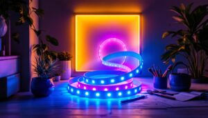 A photograph of a beautifully arranged led light strip installation in a stylish interior setting