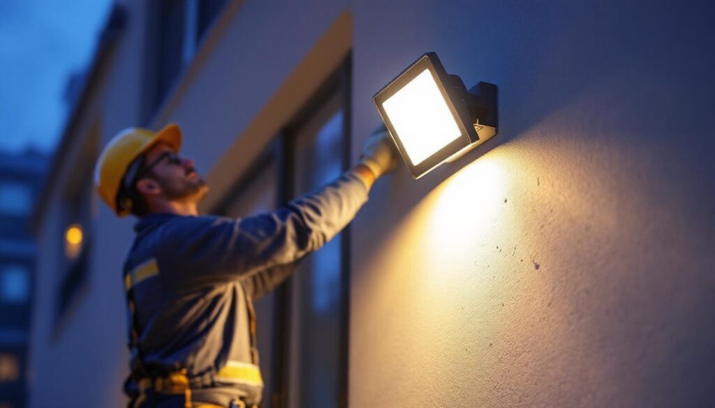 A photograph of a professional installer mounting a sleek flood light onto an exterior wall of a commercial building