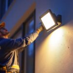 A photograph of a professional installer mounting a sleek flood light onto an exterior wall of a commercial building