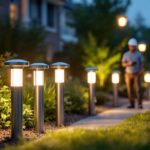 A photograph of a well-lit outdoor setting featuring a variety of bollard solar lights installed in a landscaped area