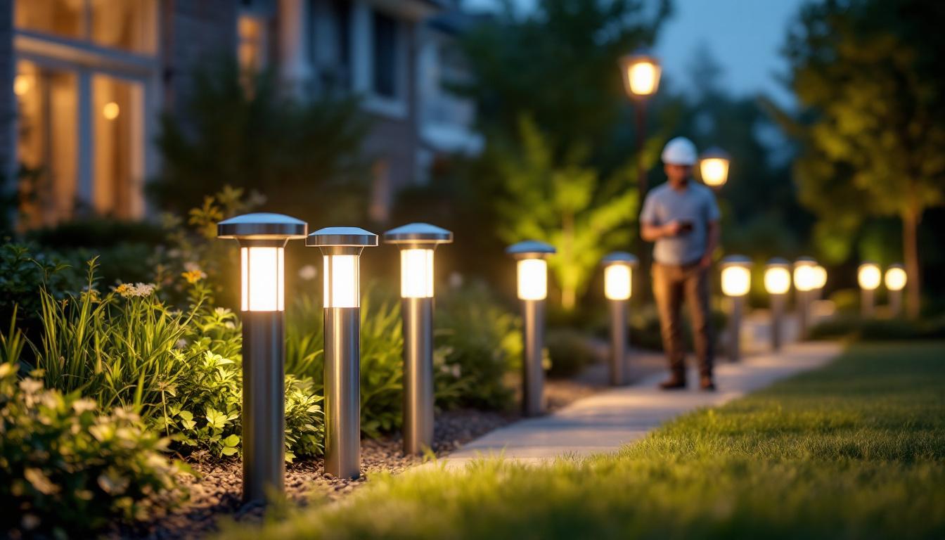 A photograph of a well-lit outdoor setting featuring a variety of bollard solar lights installed in a landscaped area
