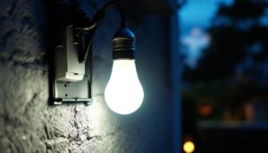 A photograph of a solar light bulb with an attached solar panel installed in a well-lit outdoor setting